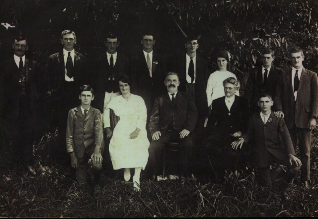 Samuel & Sophia Anderson & Family Back Row: Joseph, Bruce, Walter, Charles, Frank, Alberta, Dixon, Donald. Front Row: Archibald, Alice, Samuel, Sophia, Sam. Photo taken 1919 at Boambee (absent: Barbara)