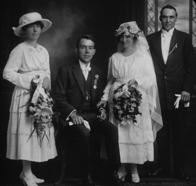Louis and Stella Layton on their wedding day; 30th June 1920, with their bridesmaid Ivy Layton and best man.